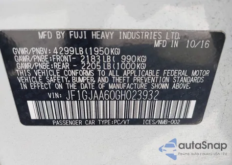 2016 Subaru Impreza 2.0I from USA, damaged, VIN JF1GJAA60GH023932